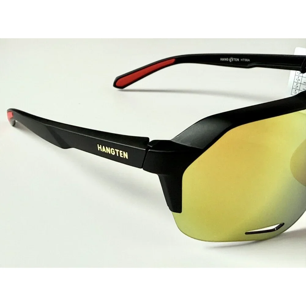 Hang Ten Shield Sunglasses Black Frame Yellow Mirror Lens Sport Unisex 63 16 New